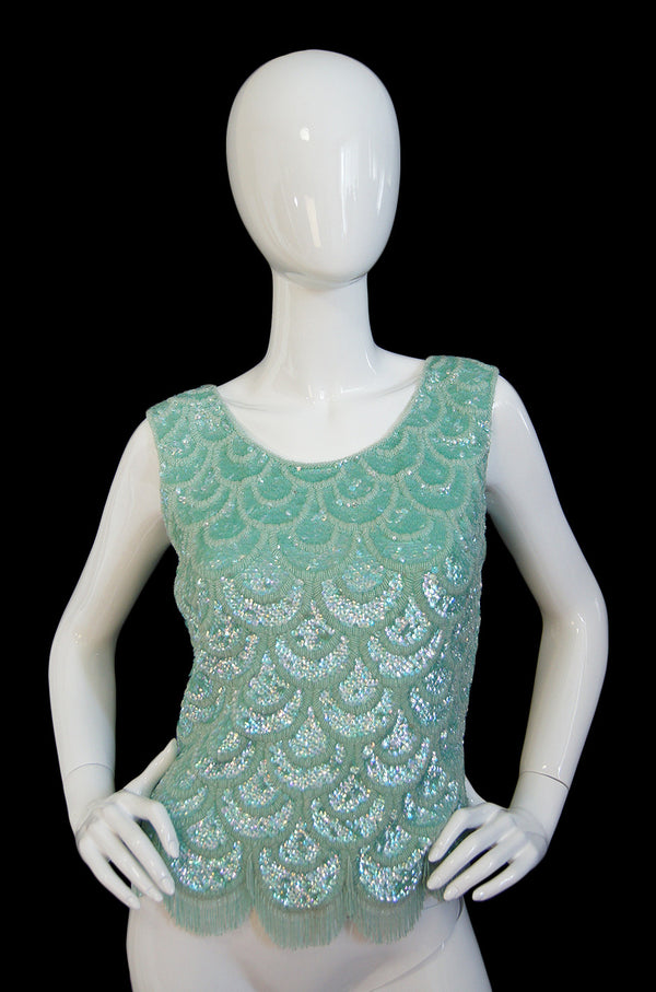 1960s Pale Green Sequin & Fringe Top