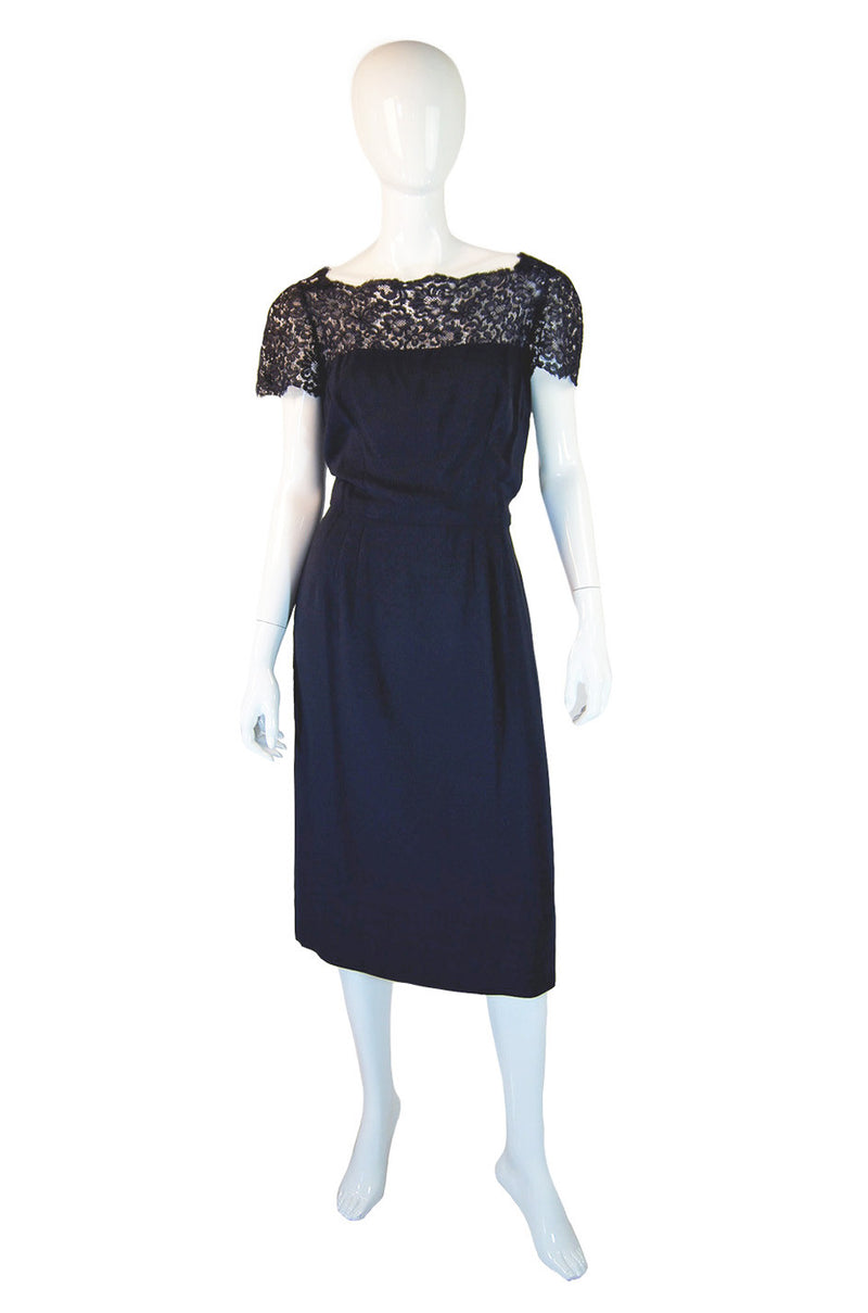 1950s Sublime Lace & Silk Navy Dress