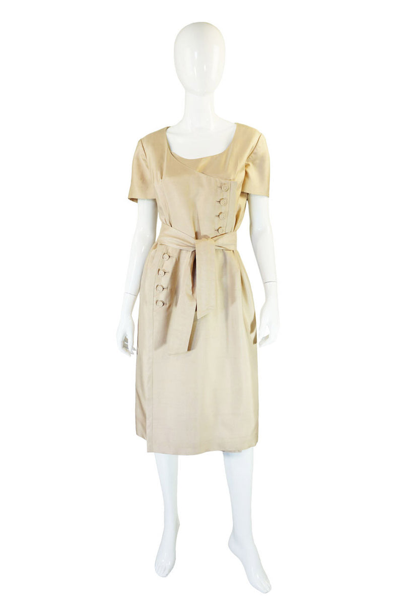 1960s Lrgr Oleg Cassini Taupe Silk Dress