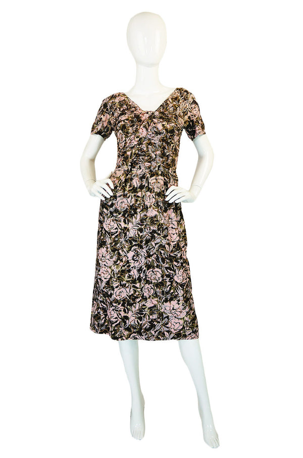 1950s Pink Print Silk and Sequin Dress