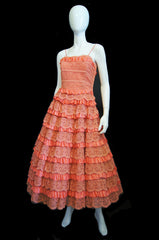 1950s Tiered Lace Coral Dress