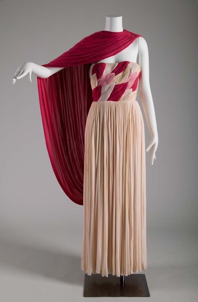 Magical c.1958 Madame Gres Haute Couture Printed Silk Chiffon Dress & Hooded Cape Piece