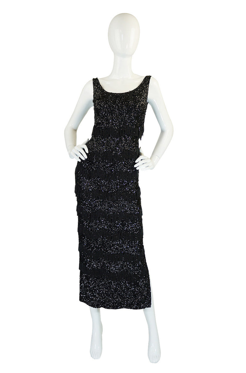 1950s Fully Sequined Fringe Black Dress