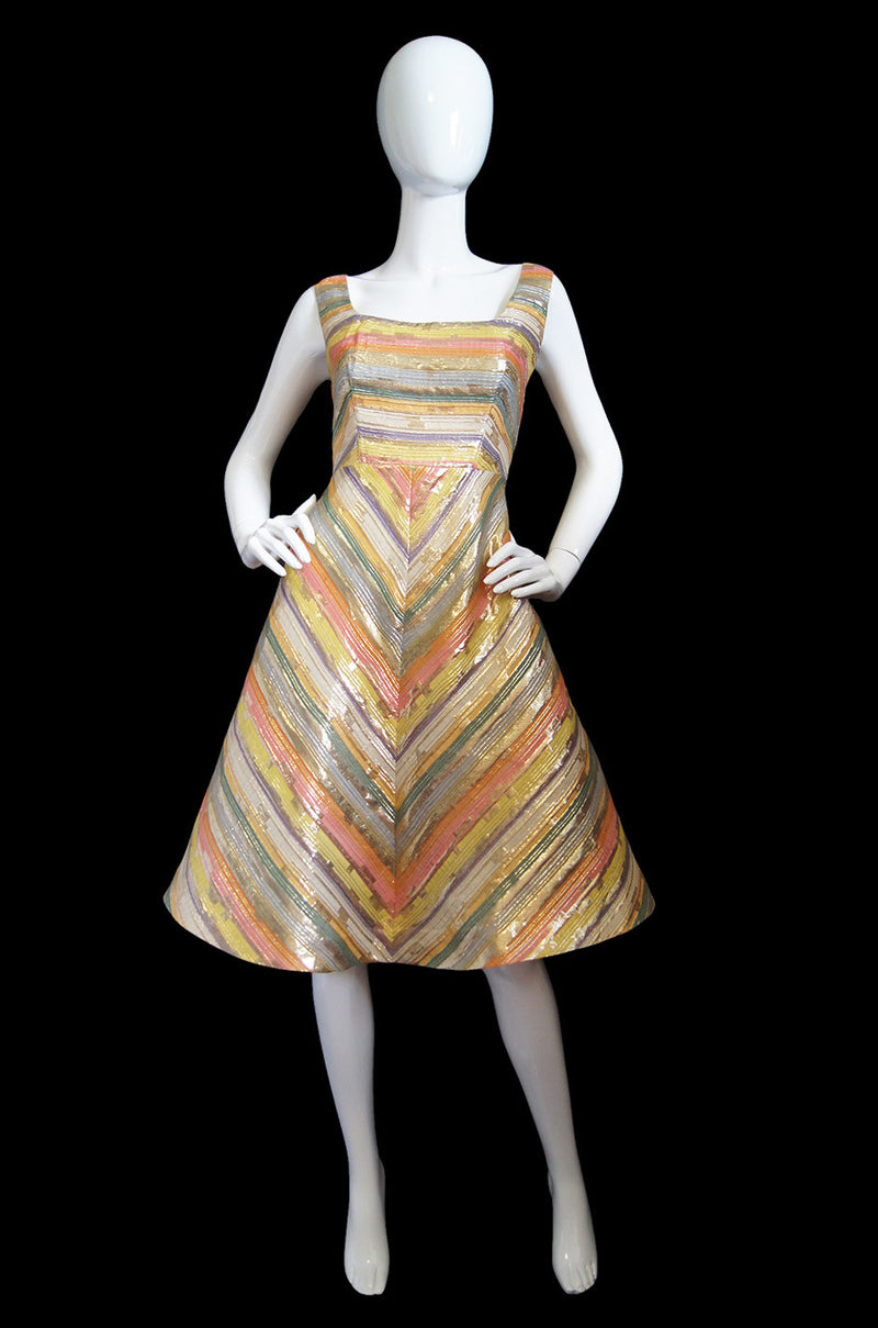 1960s Gold & Pastel Foil Striped Dress
