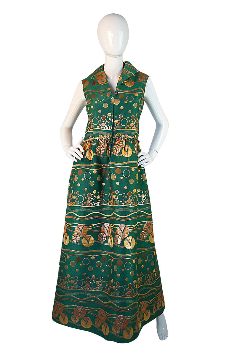 1960s Jeweled Brocade Teal Traina Gown