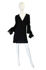 1960s Moss Crepe Black Biba Mini Dress