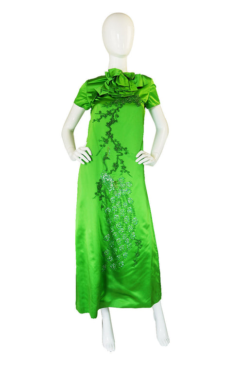 1960s Vibrant Emerald Beaded Silk Gown