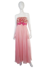 1960s Pink Silk Chiffon Strapless Gown