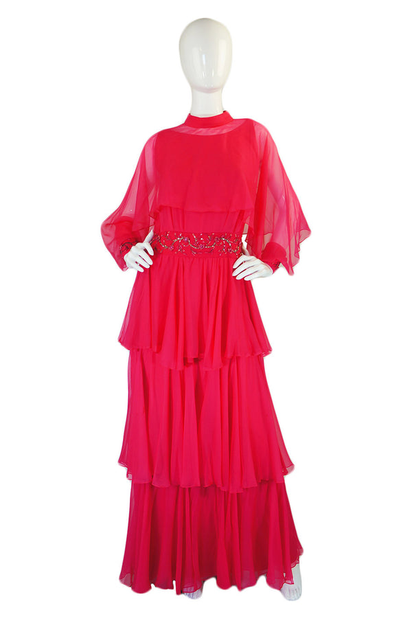 1960s Silk Chiffon Tiered Dress w Capelet