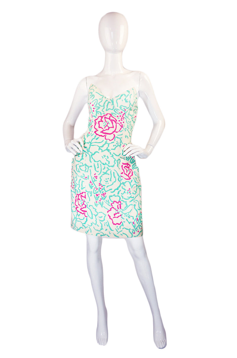 1970s Strapless Silk Lanvin Print Dress