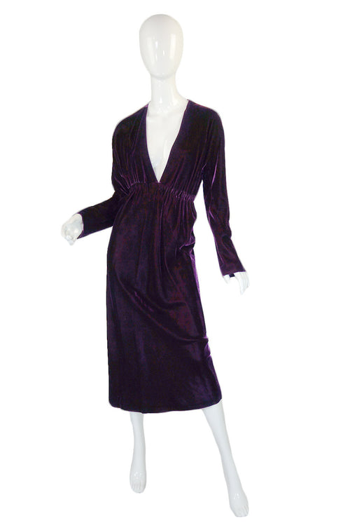 1970s Purple Velvet Halston Plunge Dress