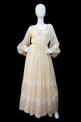 1960s Cream Guaze & Lace Boho Maxi