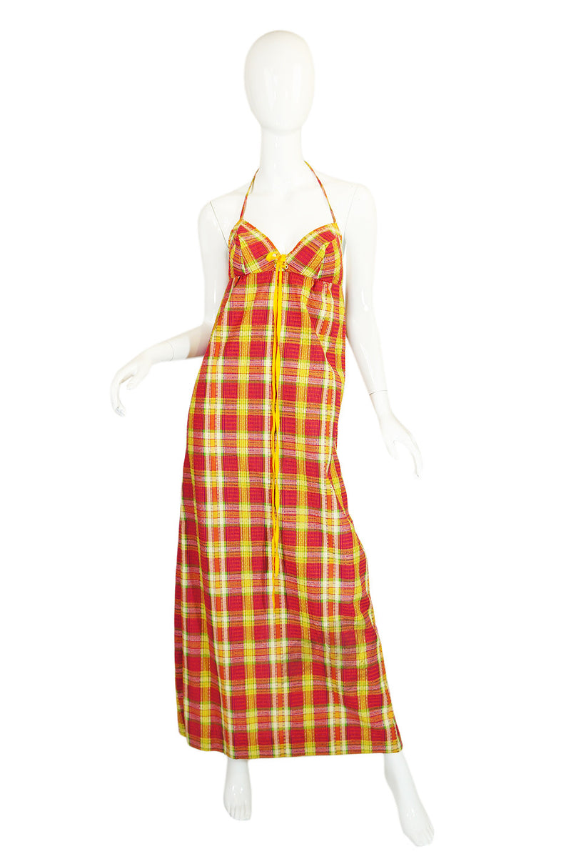 1970s Gingham Print Lace Front Halter Maxi Dress