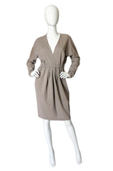 1970s Taupe Grey Plunge Halston Dress