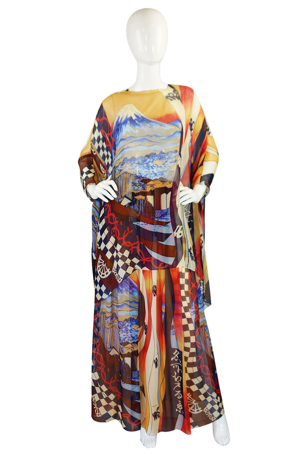 1970s Hanae Mori Silk Chiffon Caftan Set