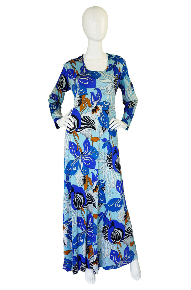 1970s French Blue Print Maxi Dress