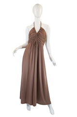 1970s Taupe Jersey Halter Maxi Dress