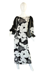 1970s Mollie Parnis B&W Floral Dress