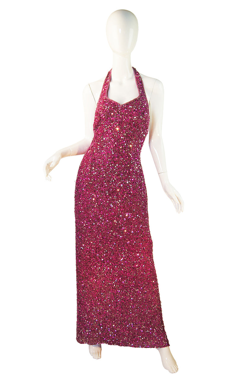 1970s Pink Sequin Custom Halston Gown