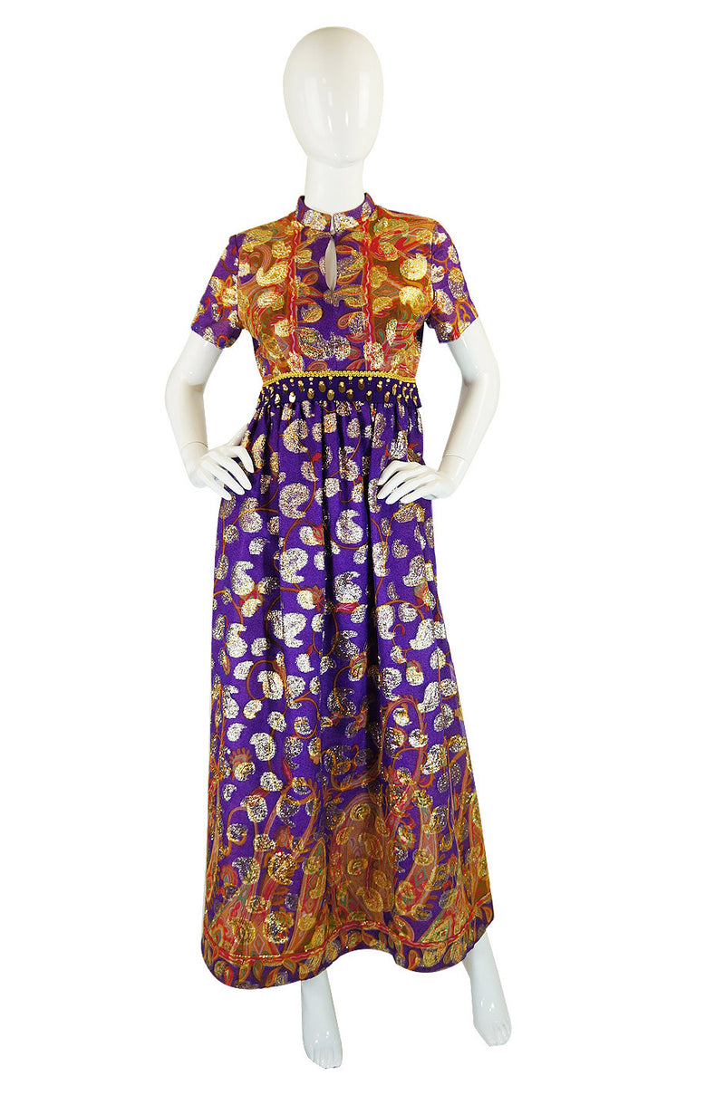 1960s Purple Metallic Print Maxi Dress