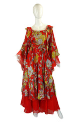 1960s Red Floral Print Jean Varon Caftan