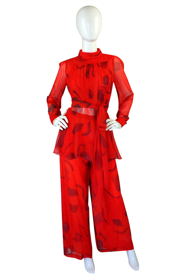 1970s Printed Red Silk Chiffon Set