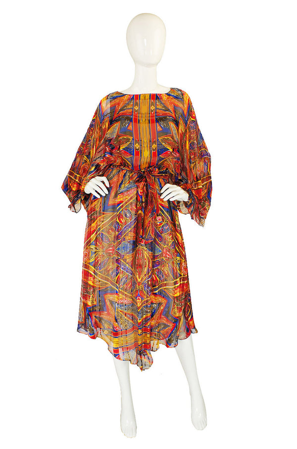 1970s Colorful Silk Chiffon Flutter Dress