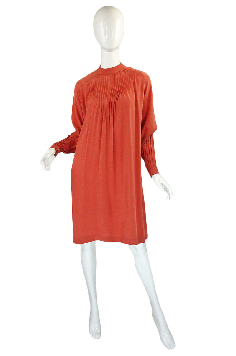 1970s Silk Pleated Salmon Chloe Dress