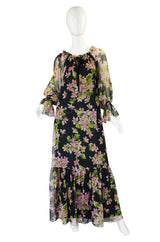1970s Teal-Mignon Floral Caftan Dress