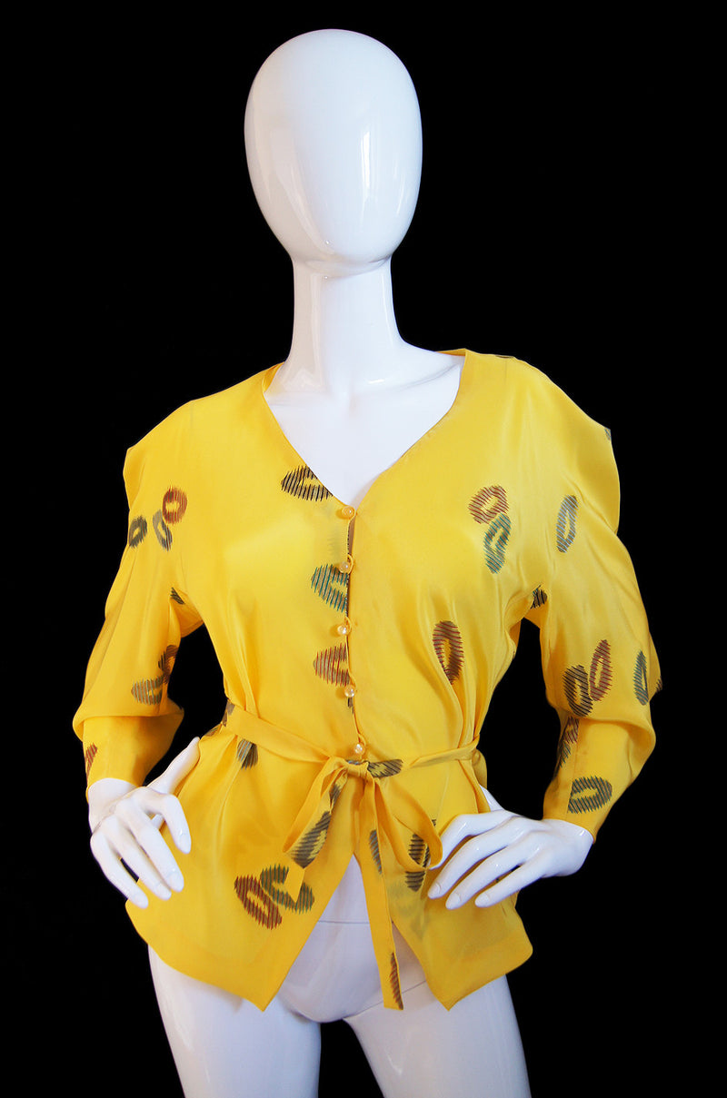 1980s Emanuel Ungaro Yellow Floral Printed Silk Top w Tie