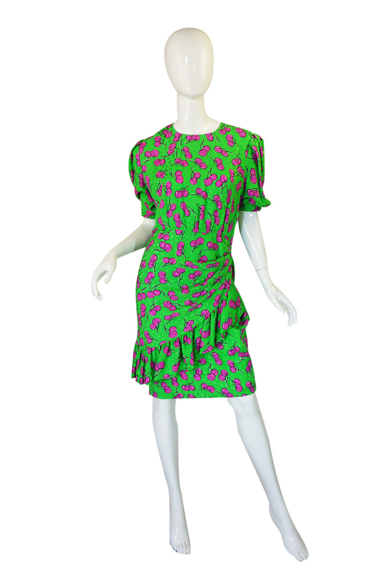 1980s Silk Givenchy Green Cherry Dress Shrimpton Couture 1980s Silk Givenchy Green Cherry Dress Shrimpton Couture