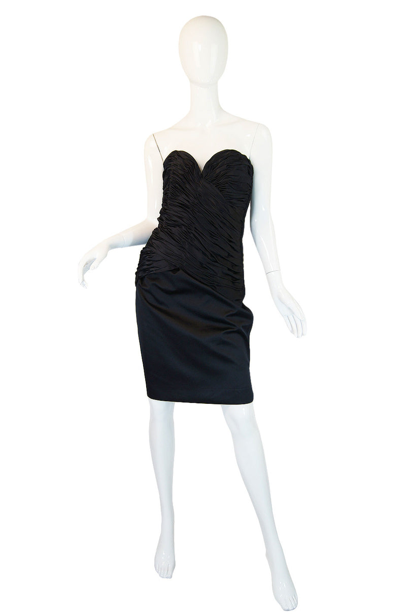 1980s Black Silk Satin Vicky Tiel Strapless Dress