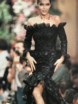 Spring 1987 Yves Saint Laurent Runway Black Net & Raffia High Low Dress w Ruffle Detail