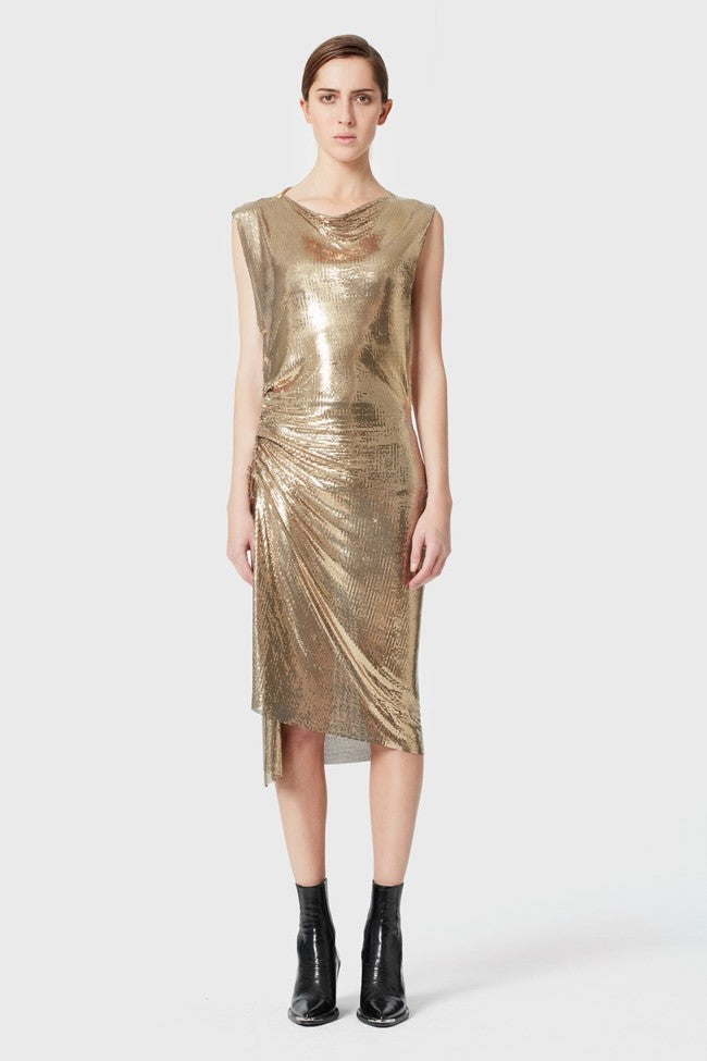 Fabulous Recent Paco Rabanne Oroton Gold Metal Mesh Dress w Snap Draping