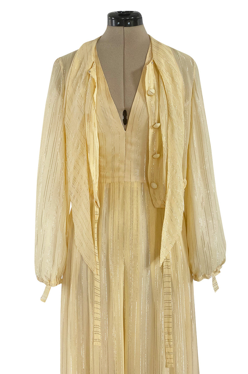 Spring 1976 Christian Dior by Marc Bohan Couture Metallic Gold Striped Silk Chiffon Dress & Jacket