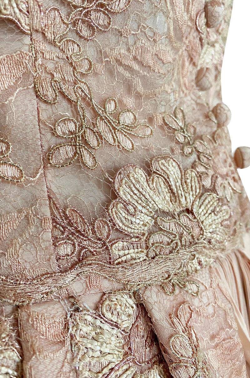 Fall 1994 Nina Ricci Haute Couture Metallic Cord Detailed Lace & Pink Silk Dress