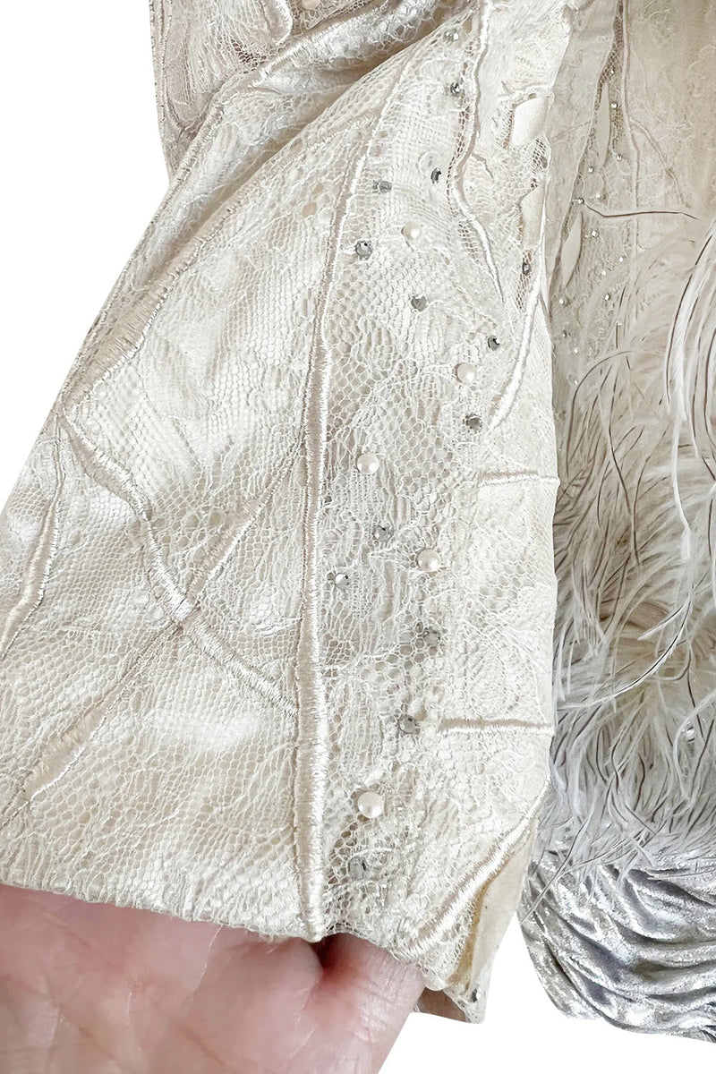 Documented Fall 1984 Emanuel Ungaro Haute Couture Silver Velvet Dress & Feather Jacket