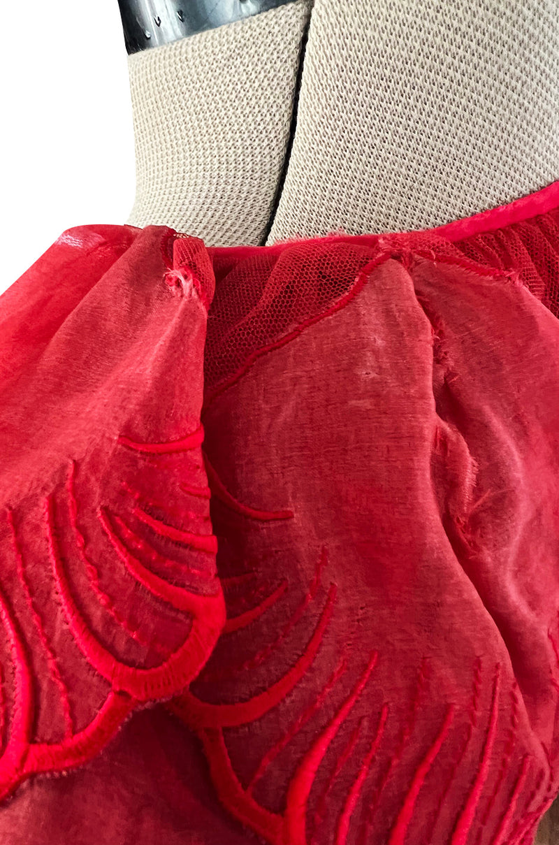 1980s Unlabeled Nina Ricci by Girard Pipard Haute Couture Red Silk & Net Leaf or Petal Dress