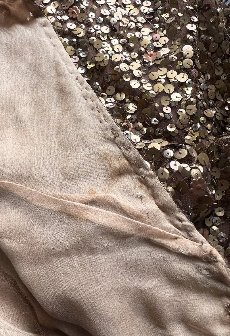 Fall 2002 Valentino Plunged Silk Net Chiffon Dress Completely Covered in Copper Sequins