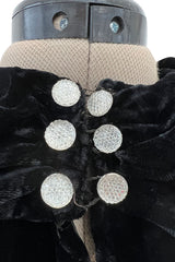 Stunning 1930s Black Silk Velvet Bias Cut Dress w Top Stitched Sleeves & Silver Glitter Buttons