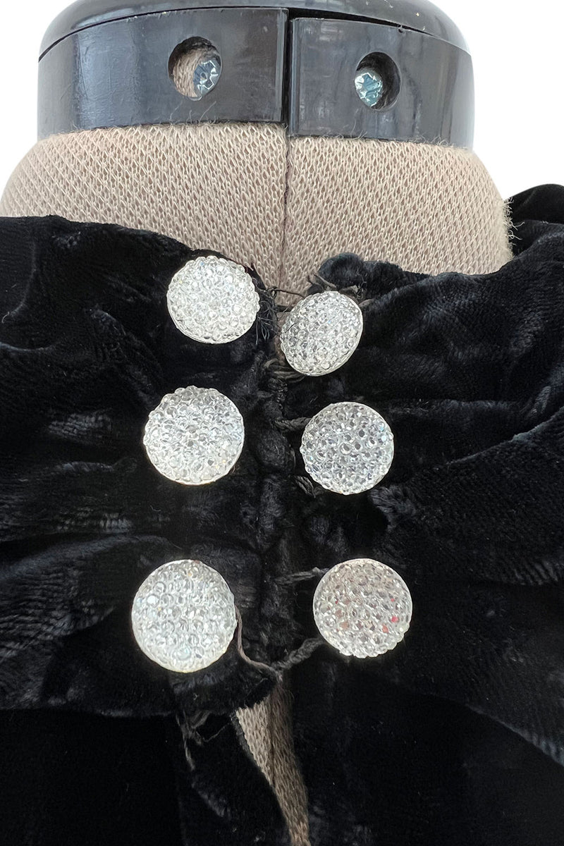 Stunning 1930s Black Silk Velvet Bias Cut Dress w Top Stitched Sleeves & Silver Glitter Buttons