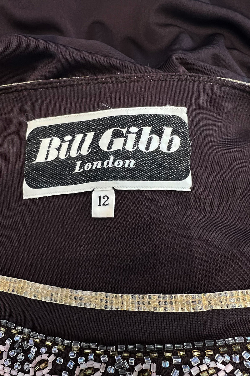 Museum Held 1970s Bill Gibb Deep Brown Liquid Jersey Dress w Metal Buttons & Extensive Beading