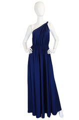 1970s Saks Youth Dimension Backless Jersey One Shoulder Blue Dress