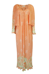 1970s Bill Tice Peach Print Halter Dress & Jacket Pleat Set