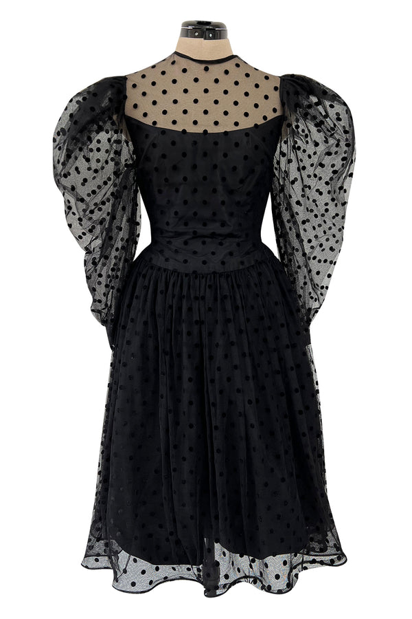 Early 1980s Pauline Trigere Velvet Dot on Net Dress w Exceptional Sleeves
