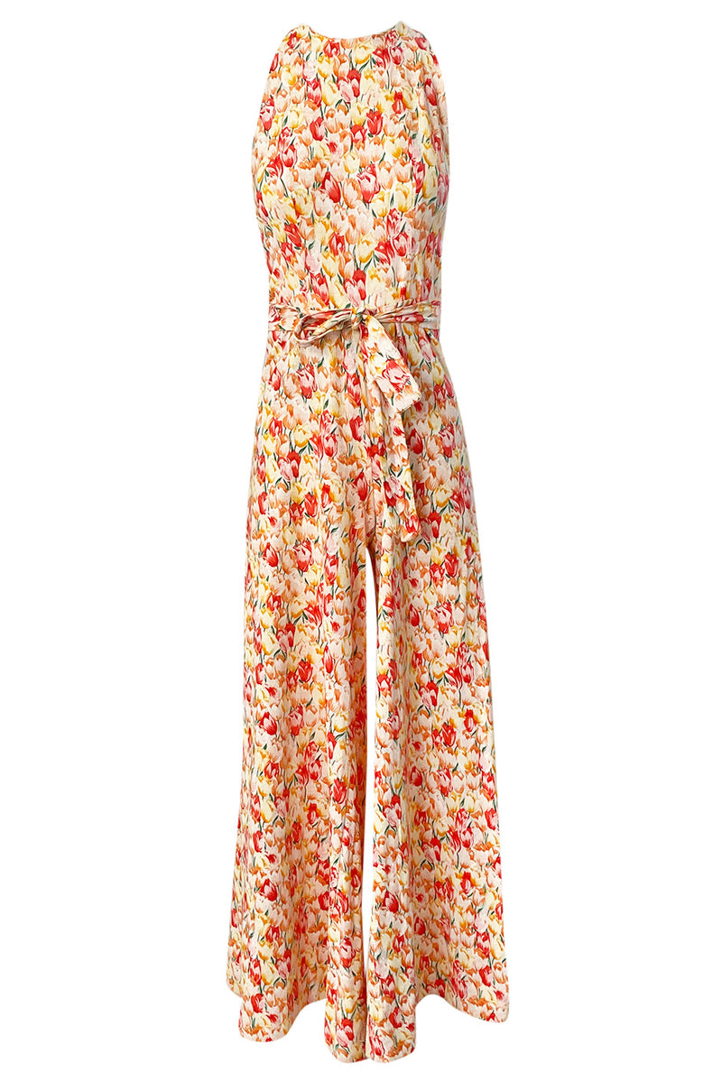 1970s Diane Von Furstenberg Backless Floral Jumpsuit w Extra Wide Legs