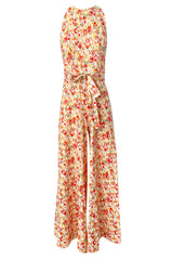 1970s Diane Von Furstenberg Backless Floral Jumpsuit w Extra Wide Legs