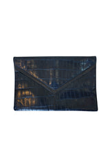 1980s Deep Blue Crocodile or Alligater Stamped Leather Clutch Bag