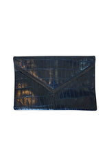 1980s Deep Blue Crocodile or Alligater Stamped Leather Clutch Bag