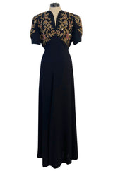 Stunning 1930s Unlabeled Moss Silk Crepe Dress w Dense Beading Sequin & Gold Thread Embroidery